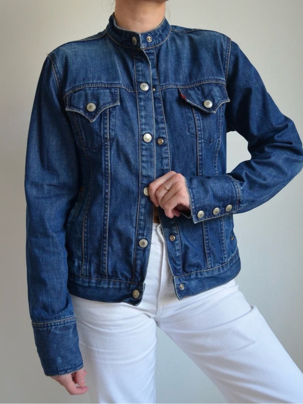 Levi’s Women's Y2K Easy Rider Mock Neck Blue Snap Front Denim Jacket Size M